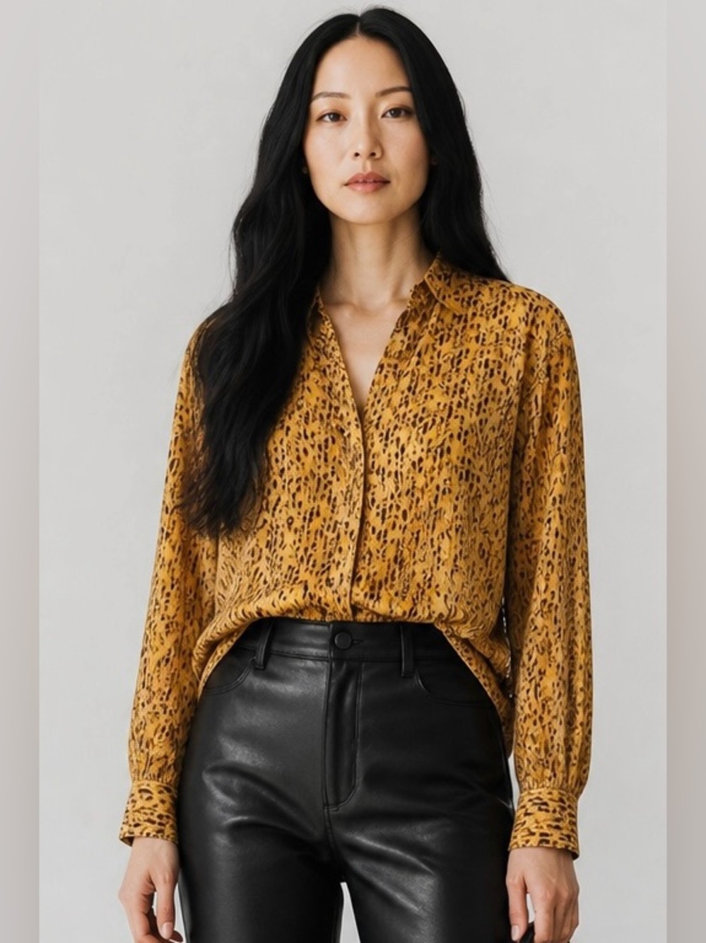 Alice + Olivia Mustard Animal-Print Button-Down Blouse